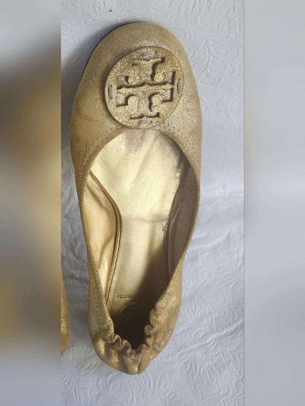 💜Tory Burch Reva Metallic Gold Leather Ballet Flats with Logo Size 9